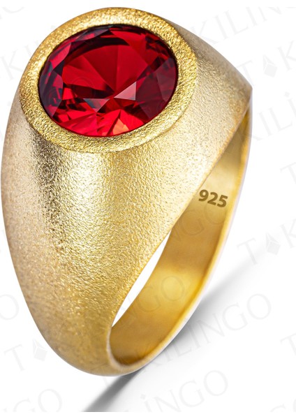 925 Ayar Gümüş Altın Kaplama Yuvarlak Kırmızı Ruby Taşlı Sade Erkek Yüzük fiyatları