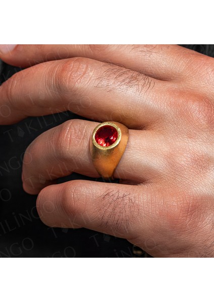 925 Ayar Gümüş Altın Kaplama Yuvarlak Kırmızı Ruby Taşlı Sade Erkek Yüzük modelleri