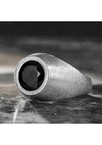 925 Ayar Gümüş Siyah Zirkon Taşlı Yuvarlak Sade Erkek Yüzük