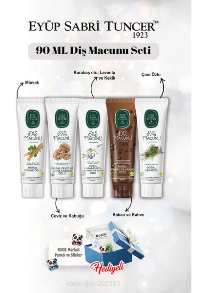 Misvak, Ceviz ve Kabuğu, Lavanta, Kakao, Çam Özlü 90 ml Diş Macun Seti ve Rosie