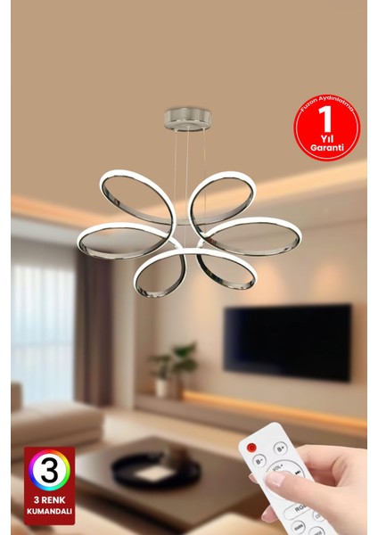Orkide Medium 3 Renk Kumandalı LED Avize Gümüş Salon Avize Salon Avize Oturma Odası Avize