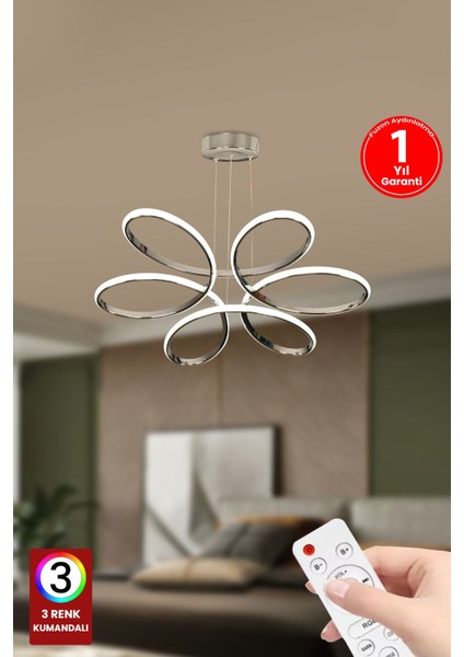 Orkide Medium 3 Renk Kumandalı LED Avize Gümüş Salon Avize Salon Avize Oturma Odası Avize