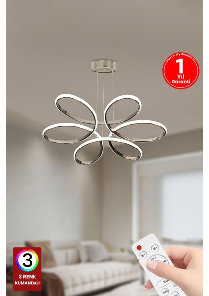 Orkide Medium 3 Renk Kumandalı LED Avize Gümüş Salon Avize Salon Avize Oturma Odası Avize