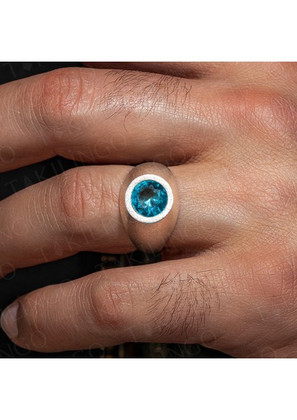 925 Ayar Gümüş Yuvarlak Akuamarin Taşlı Sade Erkek Yüzük