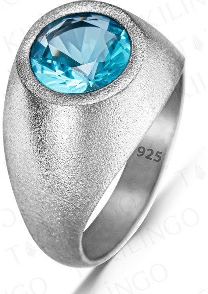 925 Ayar Gümüş Yuvarlak Akuamarin Taşlı Sade Erkek Yüzük fiyatları