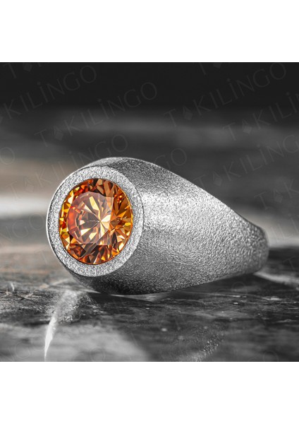 925 Ayar Gümüş Yuvarlak Şampanya Taşlı Sade Erkek Yüzük
