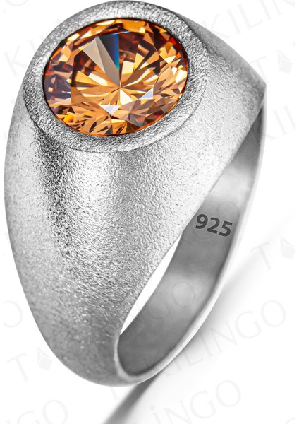 925 Ayar Gümüş Yuvarlak Şampanya Taşlı Sade Erkek Yüzük fiyatları