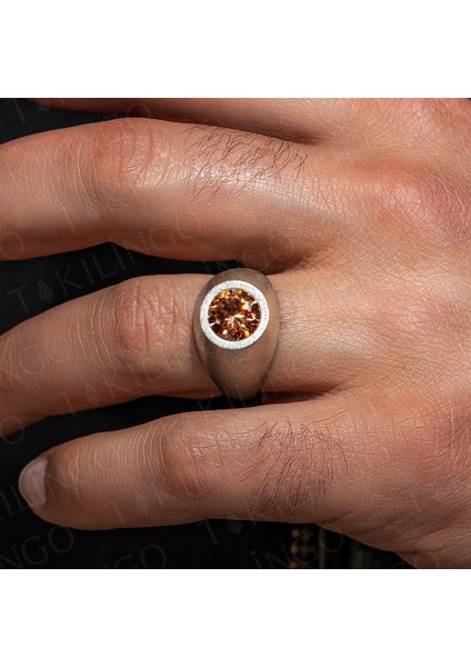 925 Ayar Gümüş Yuvarlak Şampanya Taşlı Sade Erkek Yüzük modelleri