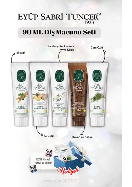 Misvak Zencefil Lavanta Kakao Çam Özlü 90 ml Diş Macun Seti ve Rosie Mendil