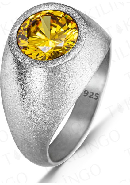 925 Ayar Gümüş Yuvarlak Sarı Sitrin Taşlı Sade Erkek Yüzük fiyatları