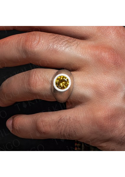 925 Ayar Gümüş Yuvarlak Sarı Sitrin Taşlı Sade Erkek Yüzük modelleri
