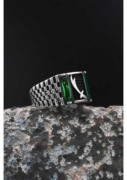 Hz. Ali Zülfikar Kılıcı Yeşil Baget Taşlı 925 Ayar Gümüş Erkek Yüzüğü 901715 fiyatları