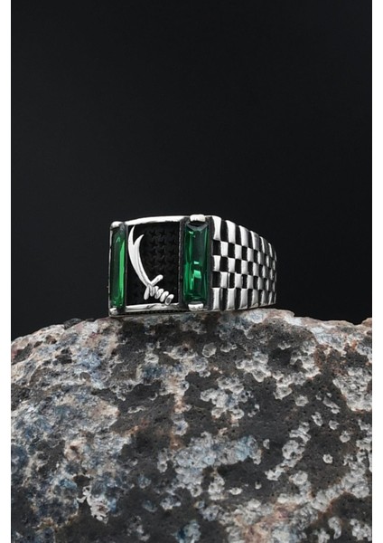 Hz. Ali Zülfikar Kılıcı Yeşil Baget Taşlı 925 Ayar Gümüş Erkek Yüzüğü 901715 modelleri