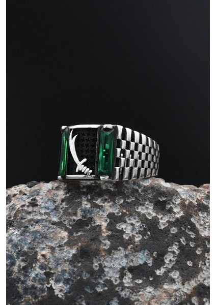 Hz. Ali Zülfikar Kılıcı Yeşil Baget Taşlı 925 Ayar Gümüş Erkek Yüzüğü 901715 fırsatları