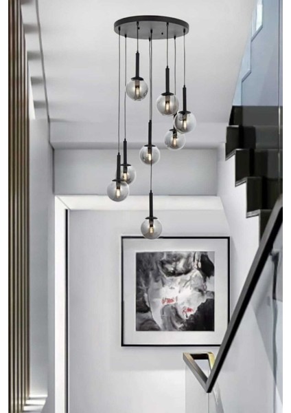 Riva 8'li Siyah Modern Avize (Füme Camlı)