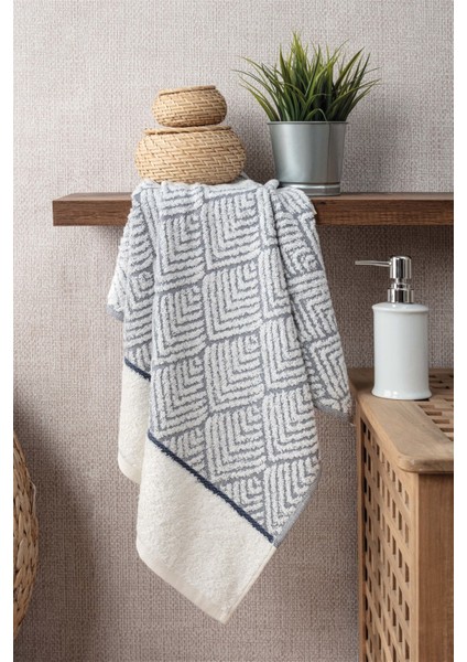 Geometrik Desenli Zemini Renkli Bambu El Havlusu - 50x90 cm - İndigo