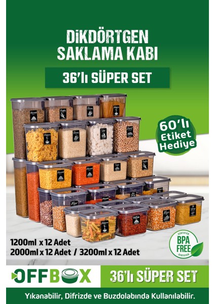 36 Parça Saklama Kabı Seti, 1,2-3,2 Litre, Etiketli, Gri, Dayanıklı Plastik