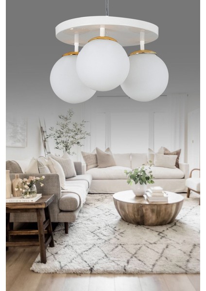 Tepsi Beyaz 3'lü Beyaz Glop Camlı Avize