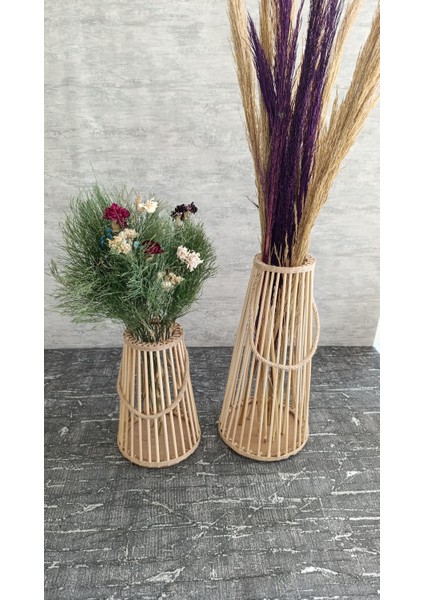 Halatlı Dekoratif Bambu Vazo Ikili Set (25 cm - 38 Cm)