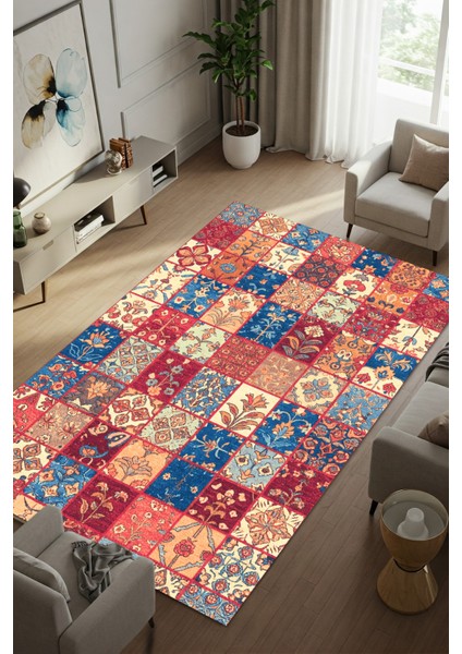 Bordo Kilim Patchwork Desenli Halı Kilim Desenli Halı Dijital Baskılı Dokuma Tabalı Kaymaz Yıkanabilir Salon Halısı