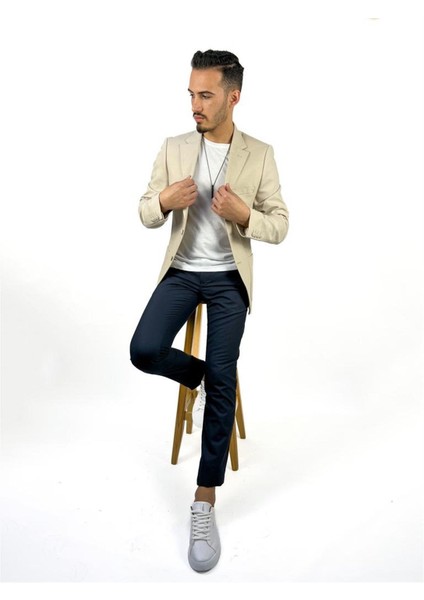 Ekru Renk Torba Cep Tek Ceket Mono Yaka Slim Fit | Agustini