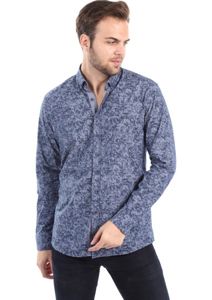 Lacivert Gri Desenli Slim Fit Gömlek | Agustini