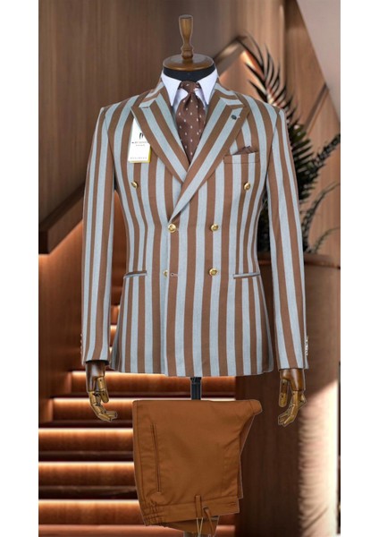 Taba ve Gri Çizgili Italyan Stil Kruvaze Ceket Geniş Sivri Yaka Slim Fit | Agustini