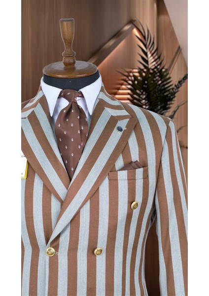 Taba ve Gri Çizgili Italyan Stil Kruvaze Ceket Geniş Sivri Yaka Slim Fit | Agustini fiyatları