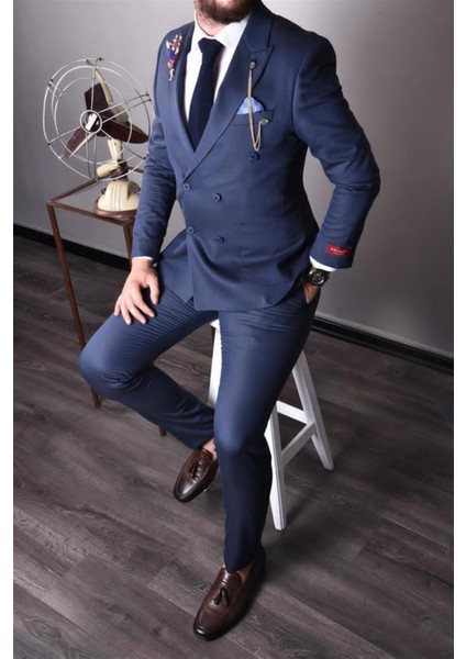 Indigo Mavi,kruvaze Takım Elbise Sivri Yaka Slim Fit | Agustini