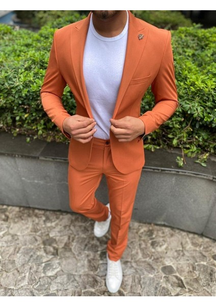 Kiremit Renk Spor Takım Elbise Sivri Yaka Slim Fit | Agustini