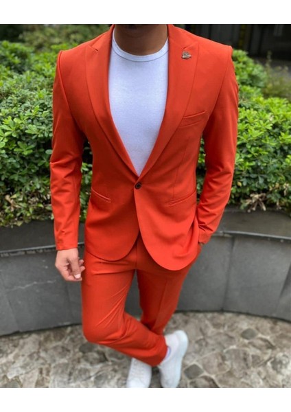 Açık Kırmızı Spor Takım Elbise Sivri Yaka Slim Fit | Agustini