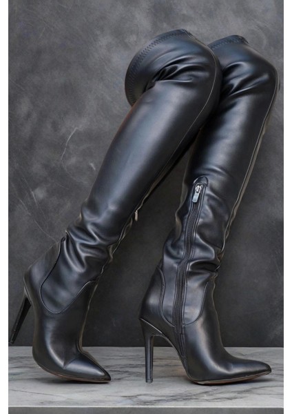 Kadın Diz Üstü Deri Detaylı Stiletto Çizme Sivri Burun Ince Topuk Model