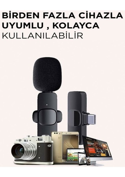 Yaka Mikrofonu Type-c Giriş Telefon Uyumlu 20m Wirelees Yayın Youtuber Tiktok Skype