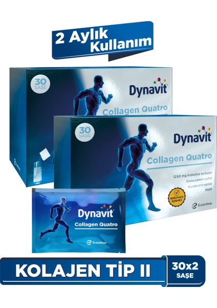Collagen Quatro 30 Saşe - 2'li Avantaj Paketi - Hidrolize Peptit Tip 2 Tavuk Kolajeni, Glukozamin