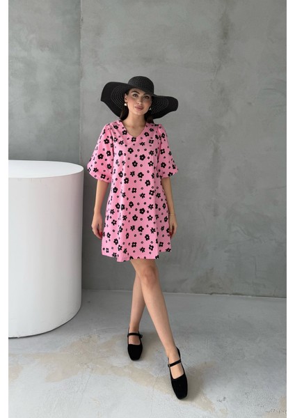 Pembe Çiçek Desenli Balon Kol Mini Elbise
