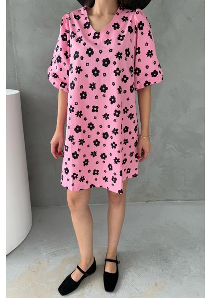 Pembe Çiçek Desenli Balon Kol Mini Elbise