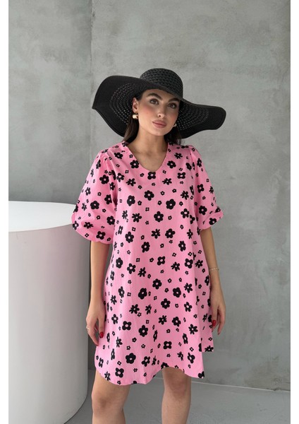 Pembe Çiçek Desenli Balon Kol Mini Elbise