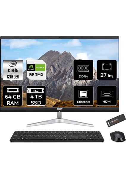Aspire C27 Intel Core I5 1240P 64GB 4tb SSD MX550/2GB 27" Fhd Fdos Touch All In One Bilgisayar & Per4 USB Bellek DQBJAEM005P350