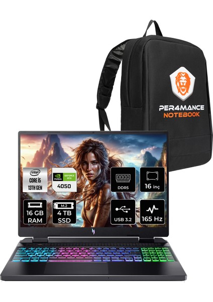 Nitro 16 Intel Core I5 13420H 16GB 4tb SSD RTX4050/6GB 140W 16" Fhd+ 165Hz Fdos Taşınabilir Bilgisayar & Per4 Çanta NHQJMEY005P310