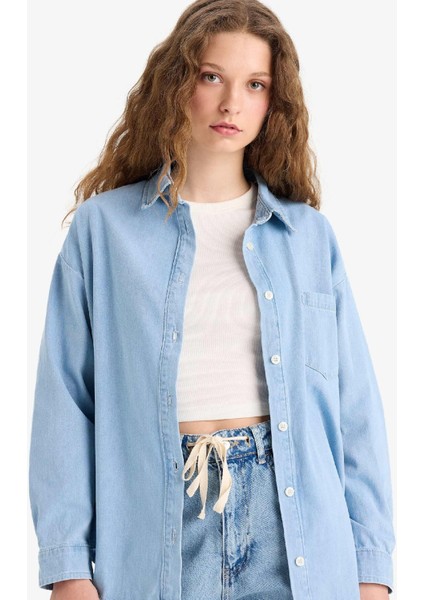 Oversize Geniş Kalıp Tek Cepli Jean Gömlek D8667AX25SP