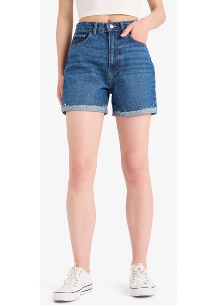 Mom Fit Yüksek Bel Paçası Katlamalı Fit Jean Şort E0924AX25SM