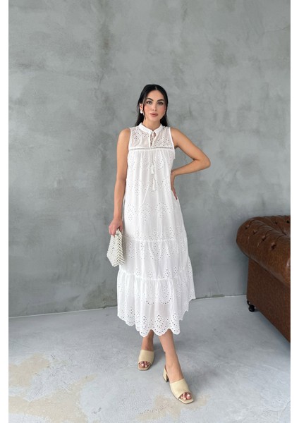 Ekru Sıfır Kol Fisto Maxi Elbise