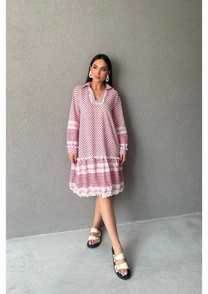 Kırmızı Desenli Gofre Kısa Elbise fiyatları