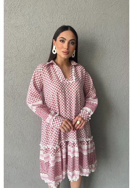 Kırmızı Desenli Gofre Kısa Elbise modelleri