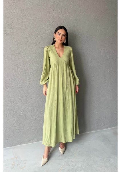 Yeşil Gofre V Yaka Uzun Elbise