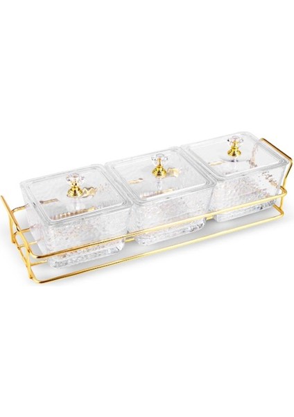 Şık 3'lü cam sunumluk, kahvaltılık, altın detay, zarif ve fonksiyonel tasarım, 30x10 cm fiyatları