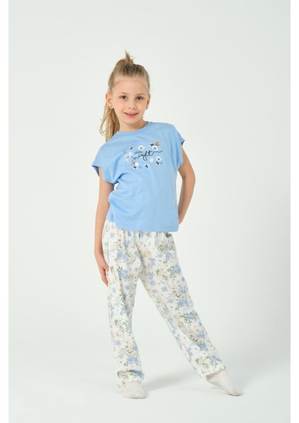 Kız Çocuk Yarasa Kol Tavşan Desenli Pijama Takımı