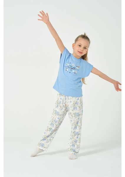 Kız Çocuk Yarasa Kol Tavşan Desenli Pijama Takımı