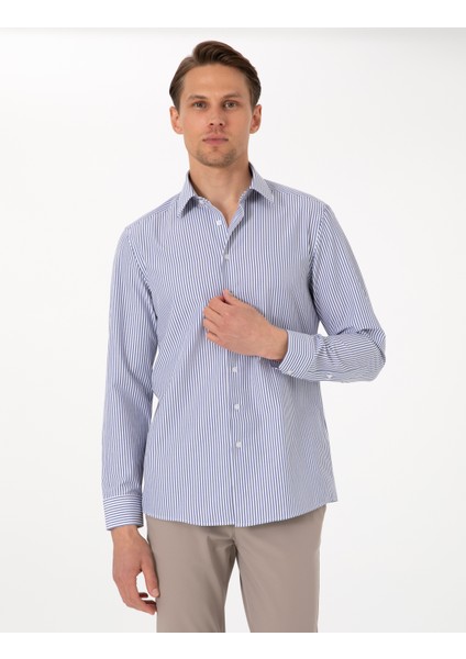 Erkek Mavi Slim Fit Çizgili Uzun Kollu Gömlek 50307142-VR036