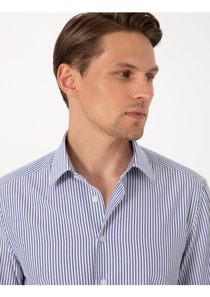 Erkek Mavi Slim Fit Çizgili Uzun Kollu Gömlek 50307142-VR036